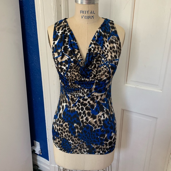 Deb Tops - Drape Neck Blue&tan Leopard With Shredded Back top